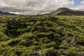 majestic landscape with scenic mountains, moss and cloudy sky